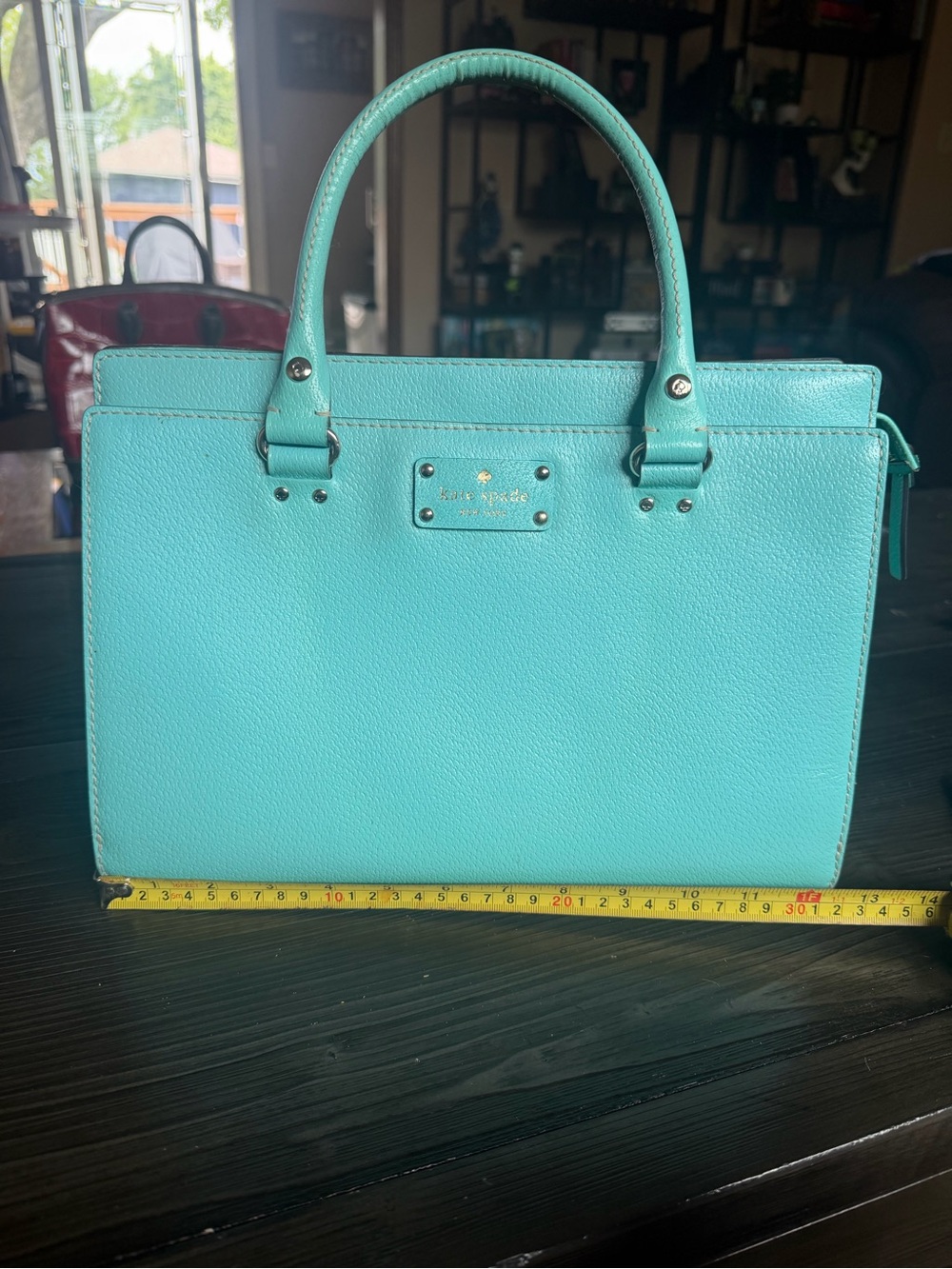 kate spade turquoise pebbled tote with gold-tone logo plate - Picture 6 of 9